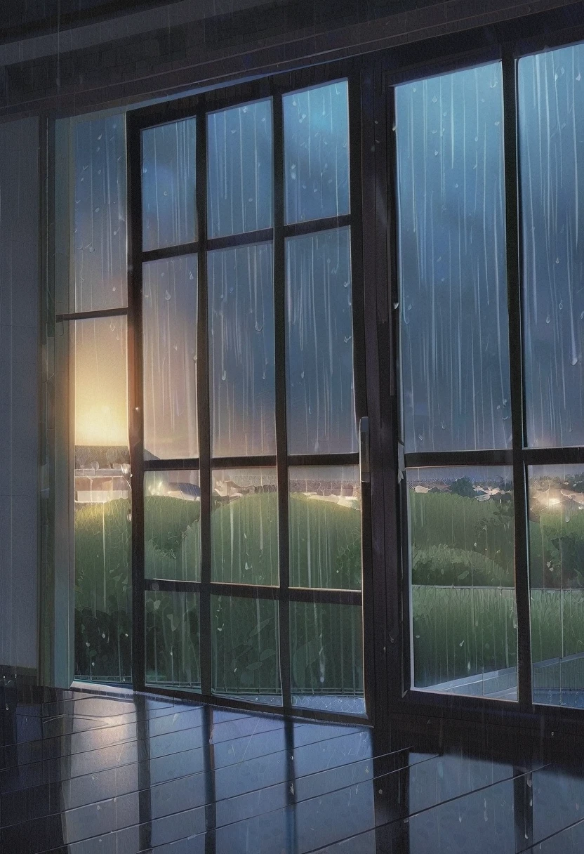 (Best Quality),  High Resolution , Rainy Day,  It's raining heavily , Large windows, Countryside view,  I can see the scenery from the window, Inside the room,  beautiful view, night,  Side Angle, Inside the roomは濡れてない