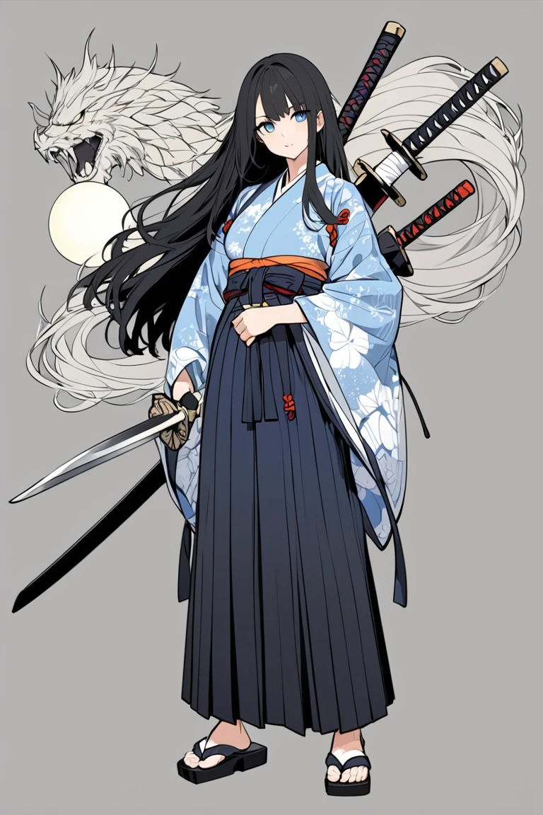 (((((Draw the whole body)))))、 beautiful detailed girls, Super detailed,  High Resolution , No Background 、Samurai costume 、tall、kimono、Shinsengumi、Hakama、Light blue eyes、Black Hair、 with long hair、holding a large sword in his hand、RPG Game Female Samurai 、Sharp Eyes、(((Full Body Shot)))、Gaiter on the ankle 、Line art、
