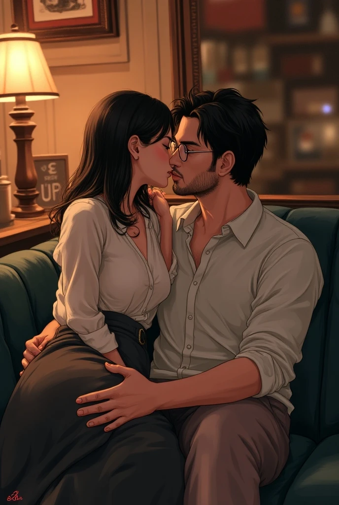 The man in his 45s with black very short hair and smooth face with moustache. The woman in her 45s with brown wavy long hair. In livingroom with fireplace. Night, dark, dim. The man is wearing unbuttoned light blue shirt. The woman is wearing a black satin nightgown. Table lap sex. Orgasm. Passion. Erotic. Ultra realistic.