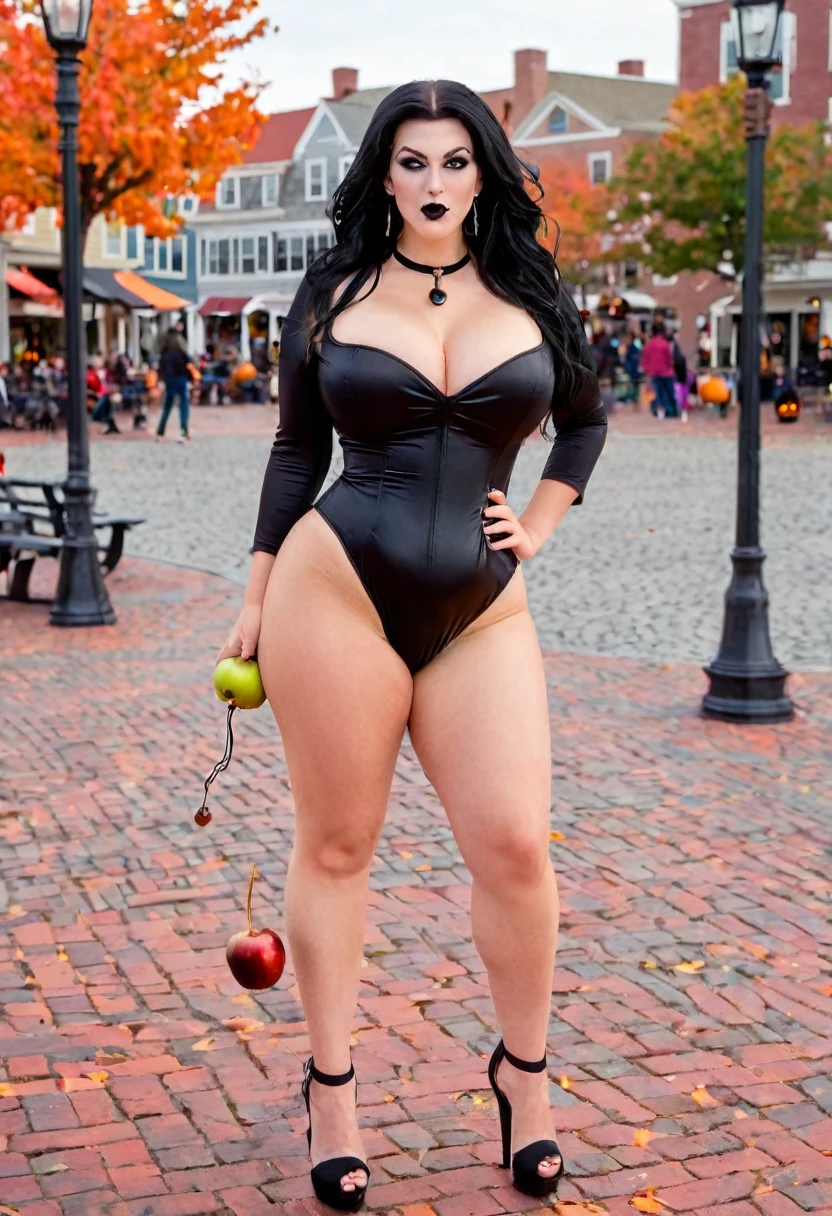 Full body shot of a modern day lightly clad beautiful witch with a curvy body and large breasts, wearing open-toe high heel shoes in Salem Massachusetts partaking in various activities they have to offer at Halloween, she is bobbing for apples in the town square