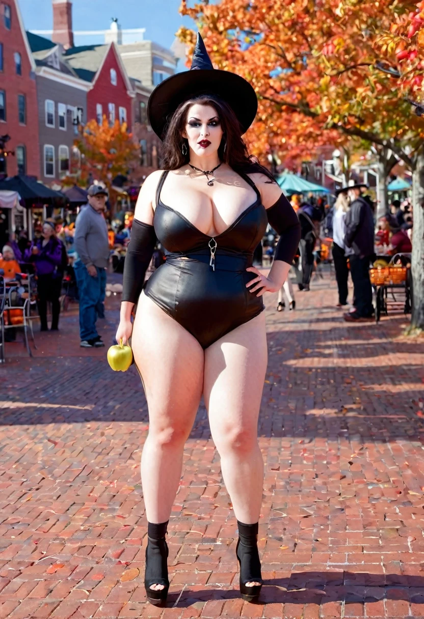 Full body shot of a modern day lightly clad beautiful witch with a curvy body and large breasts, wearing open-toe high heel shoes in Salem Massachusetts partaking in various activities they have to offer at Halloween, she is bobbing for apples in the town square