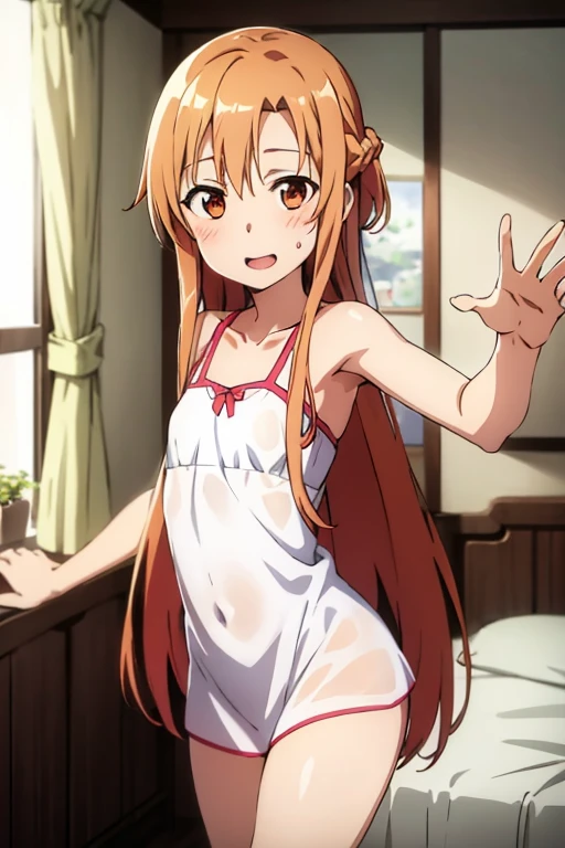 ((Best Quality)), ((masterpiece)), (be familiar with),  perfect face, indoor, bedroom,  watching viewers,
One woman, Yuuki Asuna,
Open Mouth, Ecstatic expression, blush, smile,
Small breasts,  flat chest, , , child, Girl,
Long Hair,  long hair,
Leg spread,