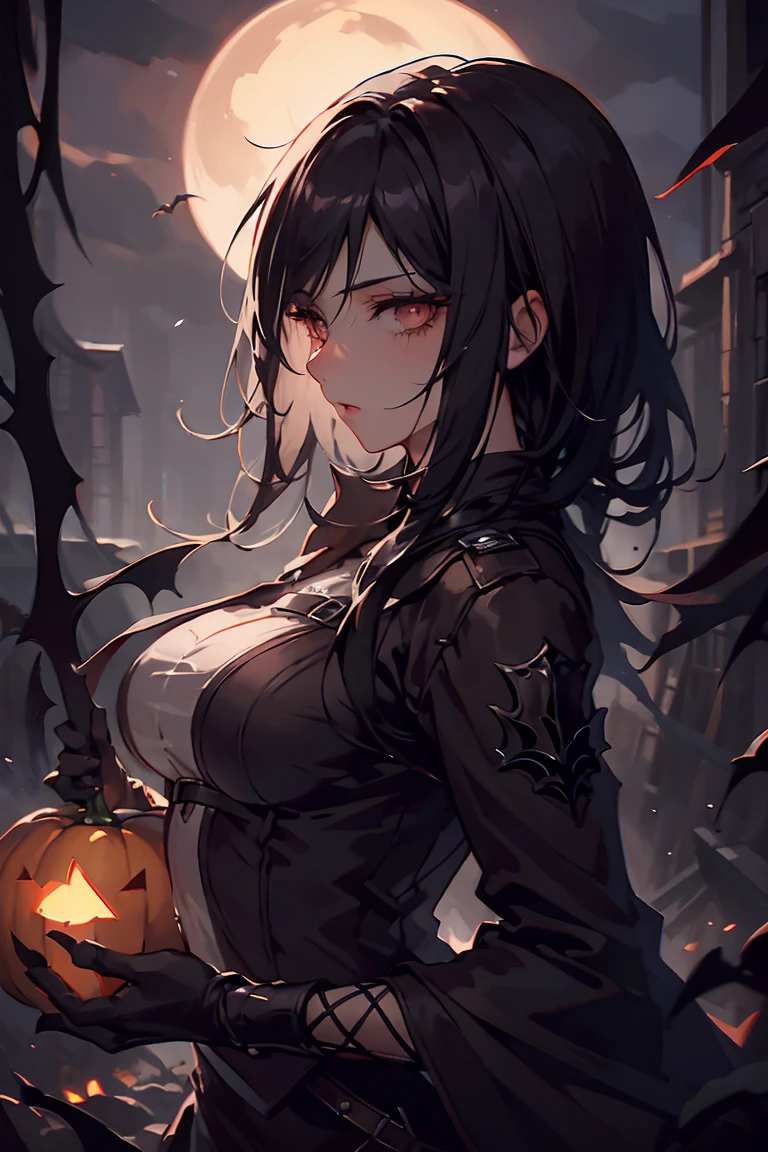 top-quality、Top image quality、masterpiece、teens girl((18year old,Black leather bra、Tattered tank top in black and blue,Tattered orange and black shorts、orange scarf,Best Bust、Bust 85、silber hair、Longhaire,Red Eyes、open chest wide、Valley、Happiness、A slender、Blood coating、Leaning forward、Emphasis on the chest、Wolf tattoo、wolf ear、Wolf tail、excited expressions、Black perforated gloves、nails are growing、Hits Viewers))hiquality、Beautiful Art、Background with((natta、window、dark sky、Halloween at night、the bats、pumpkins,Nightmare、Halloween、forest pathway))、masutepiece、Elaborate design、visualart、Theater Screen、