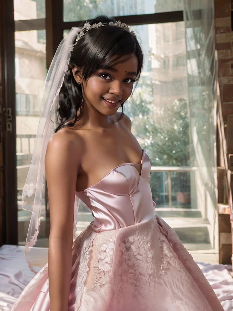 A Indian girl, black ponytail, (black skin:1.4), BREAK, baby face, standing, (satin princess dress, pink wedding dress:1.4), BREAK, (wedd00ing:1.2), (tiny tits, tt_flat), ((shooting from side)), armpit, smiling,+ bedroom, 