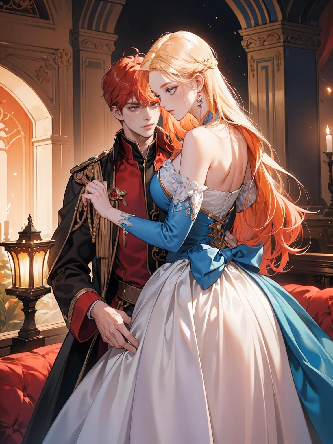 (absurdres, highres, ultra detailed), couple, 1 boy 1 girl, different hair color, (1 female with long red-orange hair wearing black nightgown, facing the front, looking to the side, blushing expression), (1 tall male with blonde hair, wearing a white shirt, open chest, hugging female from behind, looking at female) (background: Victorian room, victorian window showing evening sky)