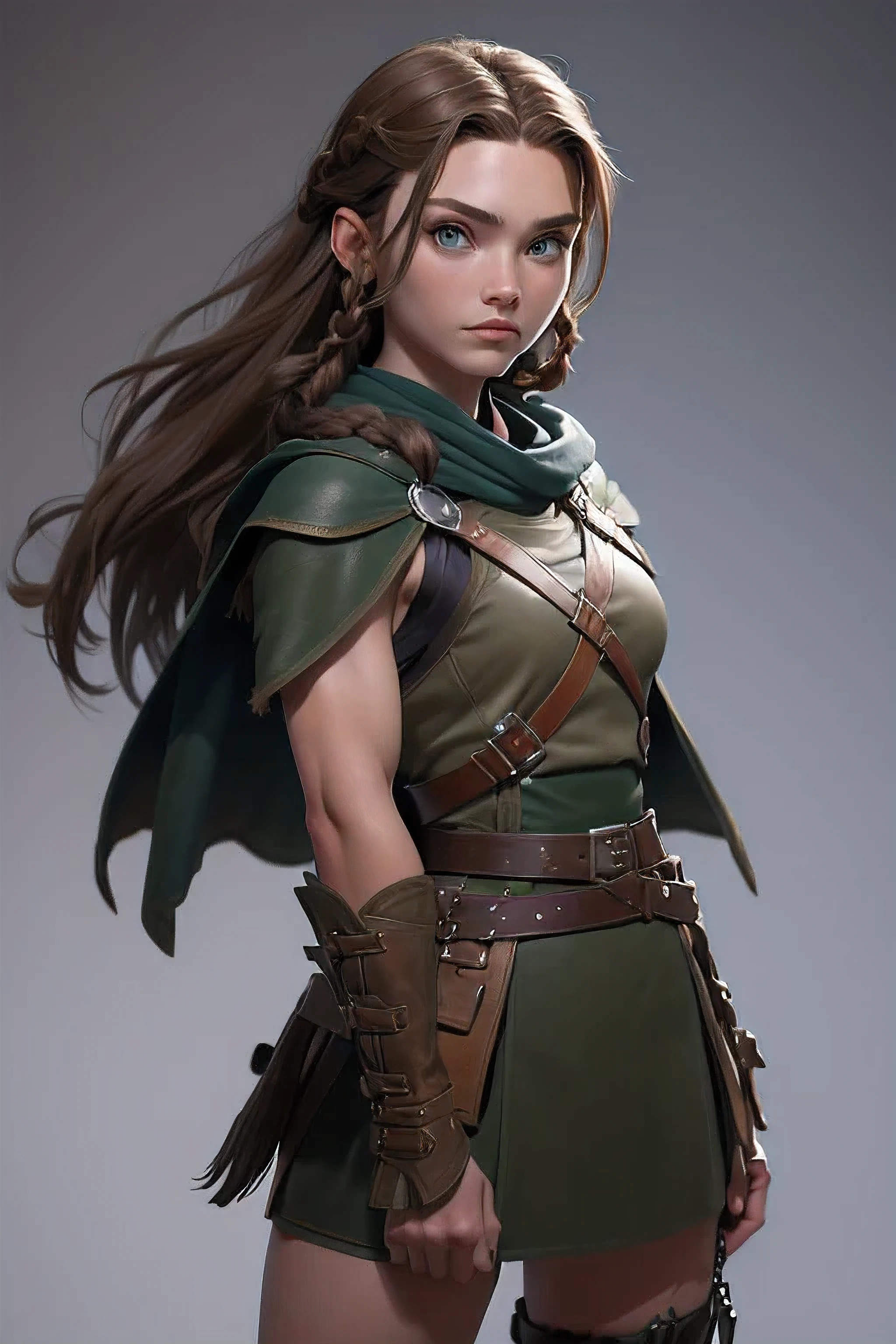 ( masterpiece , The best quality ) (young warrior woman of nordic descent), (combat position) (green eyes), (muscle shirt), (fur skirt), (Brown hair color),(loose hair with small braids on the scalp), (leather strap top) feathers, cape over the shoulder, bufas, (blue, gray and brown suit).