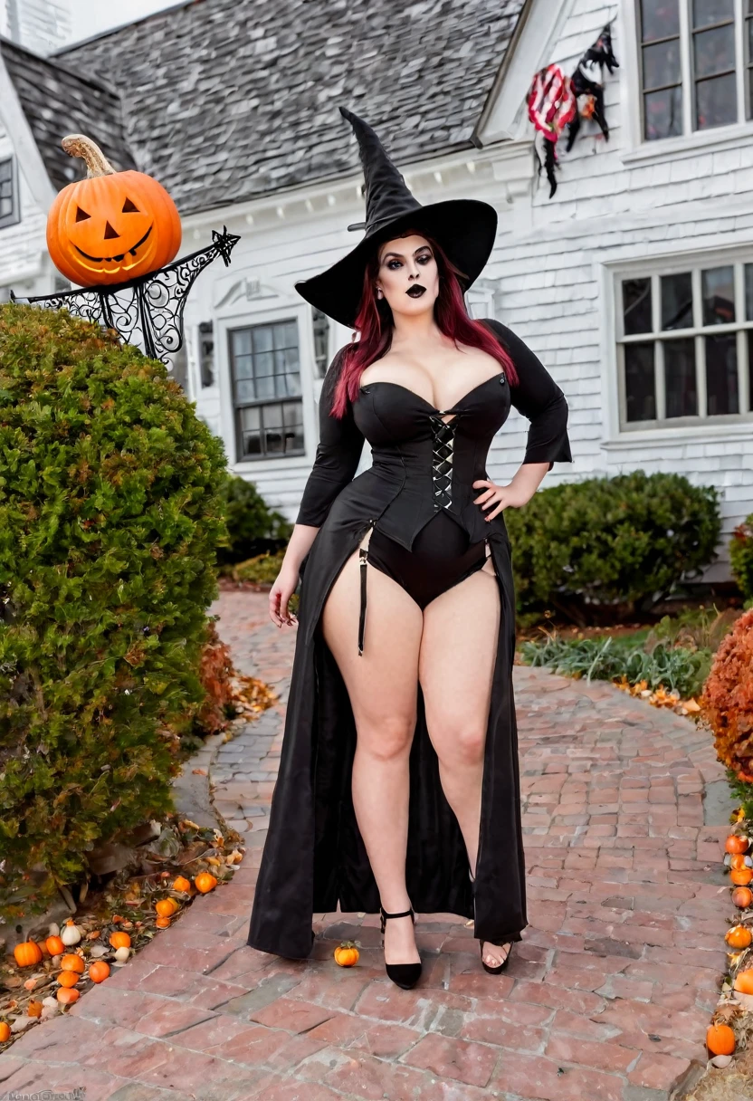 Full body shot of a modern day lightly clad beautiful witch with a curvy body and large breasts, wearing open-toe high heel shoes in Salem Massachusetts partaking in various activities they have to offer at Halloween, she is standong at the House of Seven Gables