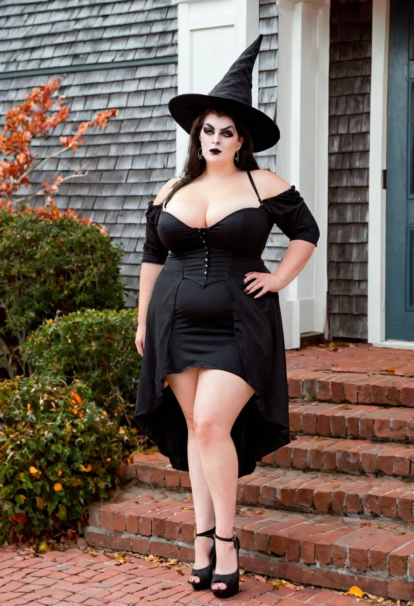 Masterpiece, (8k wallpaper) , (best quality), perfect quality, solo, A sexy fat voluptuous mature obese witch, small tiny breasts, drooping chest, wearing lingerie, standing in a pumpkin patch at night, surrounded by jack-o-lantern, ((Plaid lace up gothic mini dress patchwork Lace Up)), goth girl, black gothic boots, she is standing at the edge of a clearing with trees in autumn, a wooden barrier separates us from these trees, around and at her feet there are dead leaves because it is autumn.
