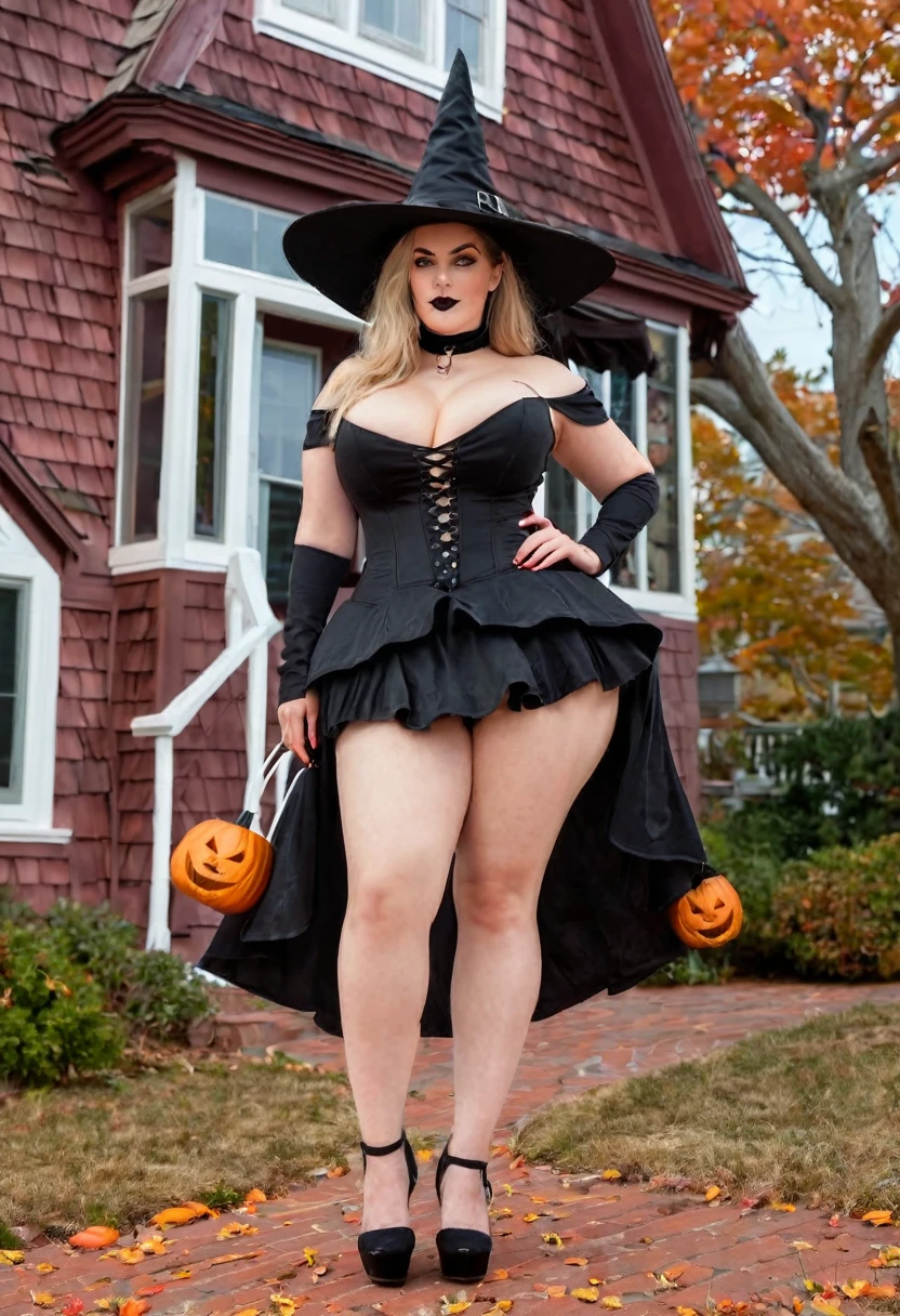 Full body shot of a modern day lightly clad beautiful witch with a curvy body and large breasts, wearing open-toe high heel shoes in Salem Massachusetts partaking in various activities they have to offer at Halloween, she is standong at the House of Seven Gables