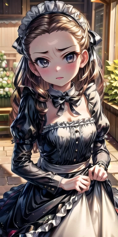 (masterpiece),  best quality , (((Super detailed, 8K quality))),  Expressive eyes ,  perfect face,  Perfect Anatomy,  perfect bodies , scene, walnut \(Alcohol backlash\),Long Hair, black hair band , Hair Ribbon,amount, Small breasts,Maid, Maid headdress,  Black Dress, garden,  standing,  skirt hold ,