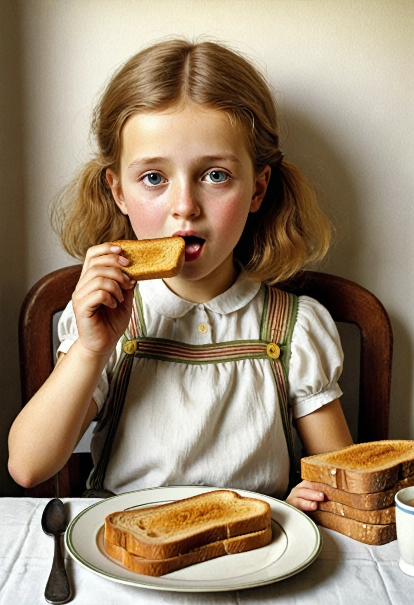 Saint-Malo, 1940. A little ((((12-year-old)) Marie-Laure LeBlanc)), freckles, eating a biscuit, ((((clothings from the 1940s)))), ((dark hairstyle of the 1940s))