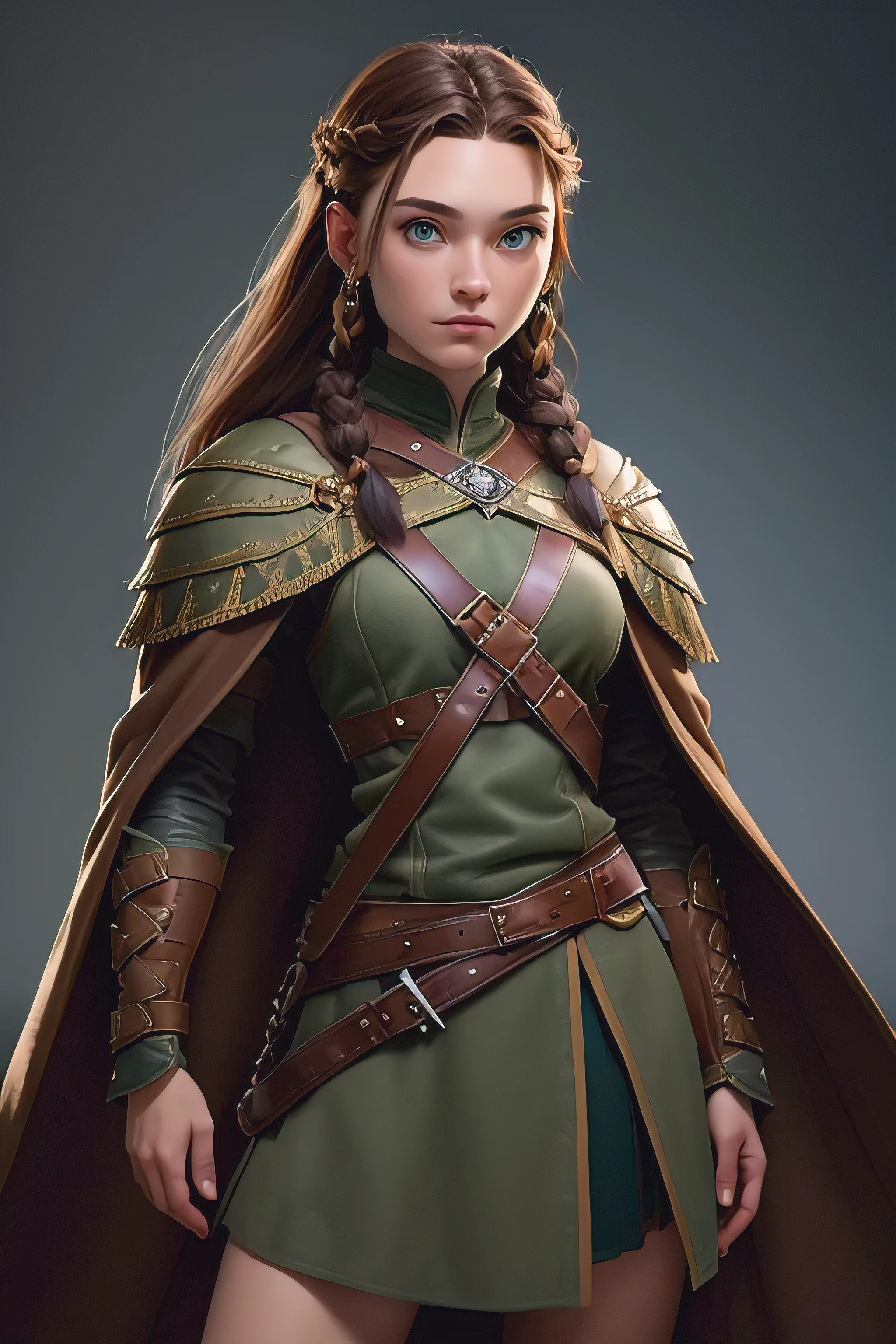 ( masterpiece , The best quality ) (young warrior woman of nordic descent), (green eyes), (fur skirt), (Brown hair color),(loose hair with small braids on the scalp), (leather strap top) feathers, cape over the shoulder, bufas, (blue, gray and brown suit).