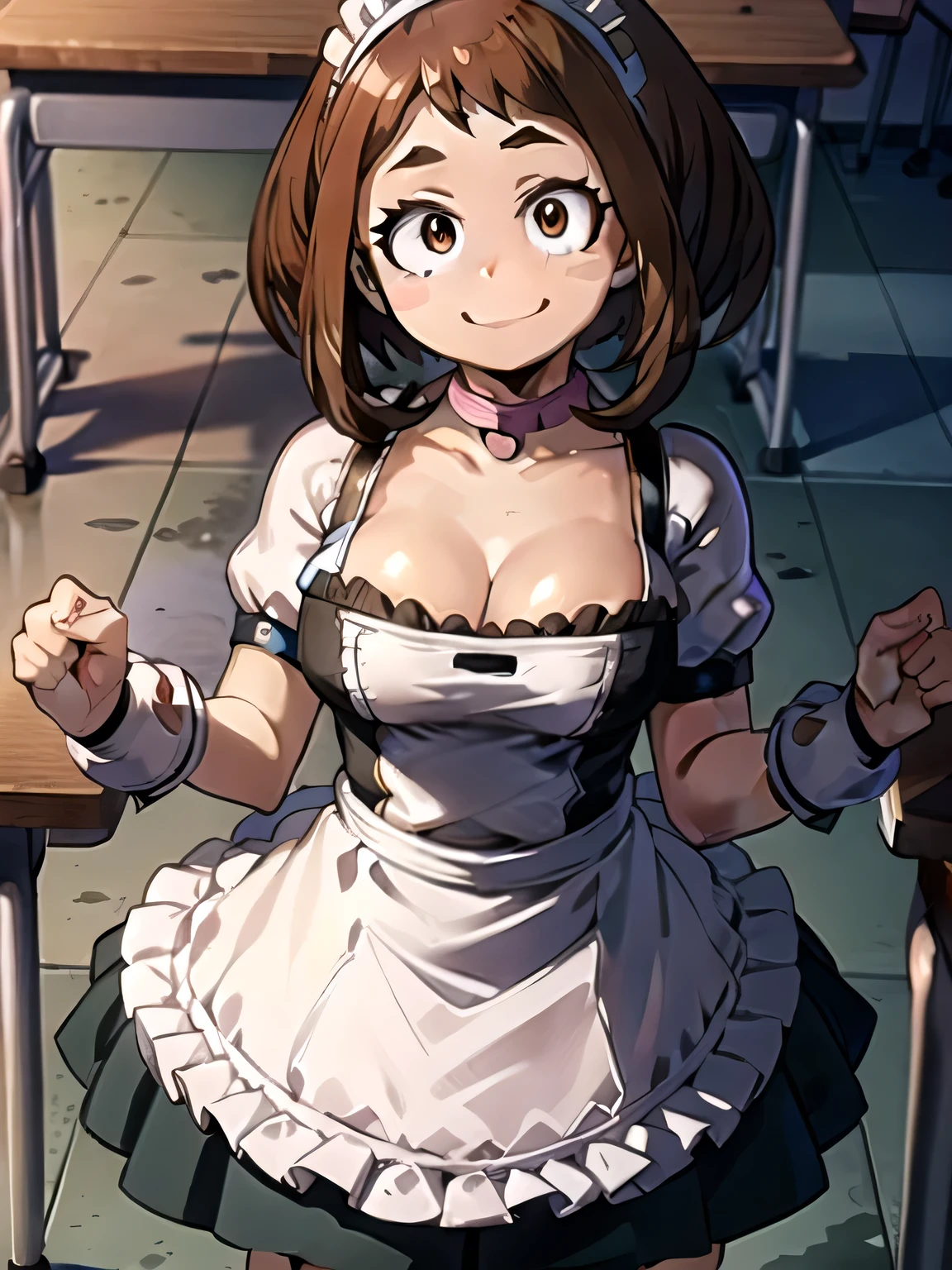 Ochaco Uraraka, medium breasts, ((maid dress)), (((cleavage))), leaning forward, suggestive smile, ((close up)), classroom, brown hair
