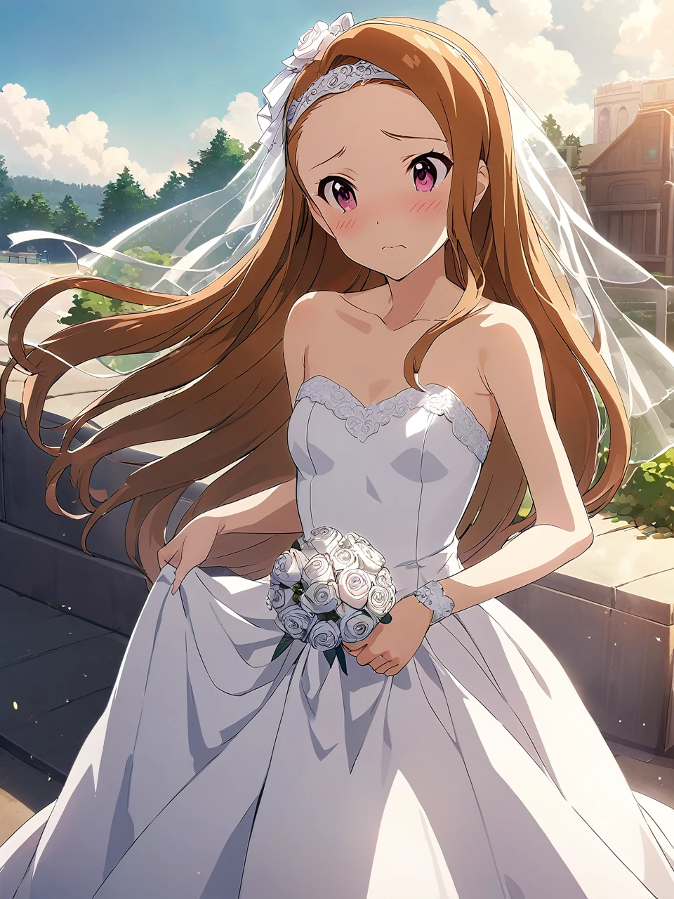 Geori, Brown Hair, Long Hair, Pink Eyes, Small breasts,  headband ,  Wedding Dress,  bridal veil,  1 girl, Solo Break Park, day, cloud,  and embarrassed,  depth of field,  like a movie, Game CG,  animated screen capture, Official Art, masterpiece,  best quality 
