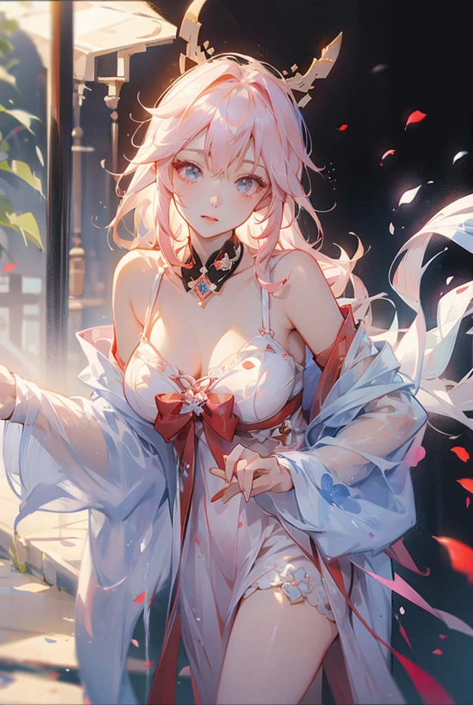 masterpiece, best quality, ultra-detailed, illustration,(1girl),beautiful detailed eyes, looking at viewer, close up, (breast focus), (arms behind back:1.2), (from above:1.1), pink hair, huge breasts, (breasts out:1.3), (off shoulder:1.1), underwear,