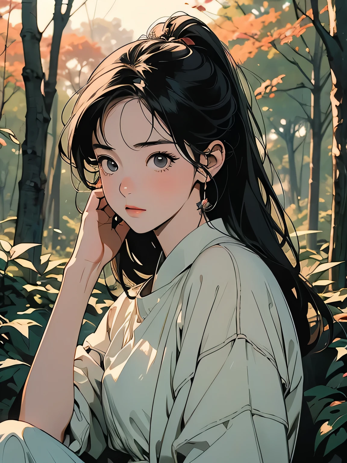 anime、Highest quality、 High Resolution 、Portrait of a woman with 4 people、4 people、In the forest、 bust shot 、Blur the background、 An Expression of Sadness 、Autumn evening、Pale Light、