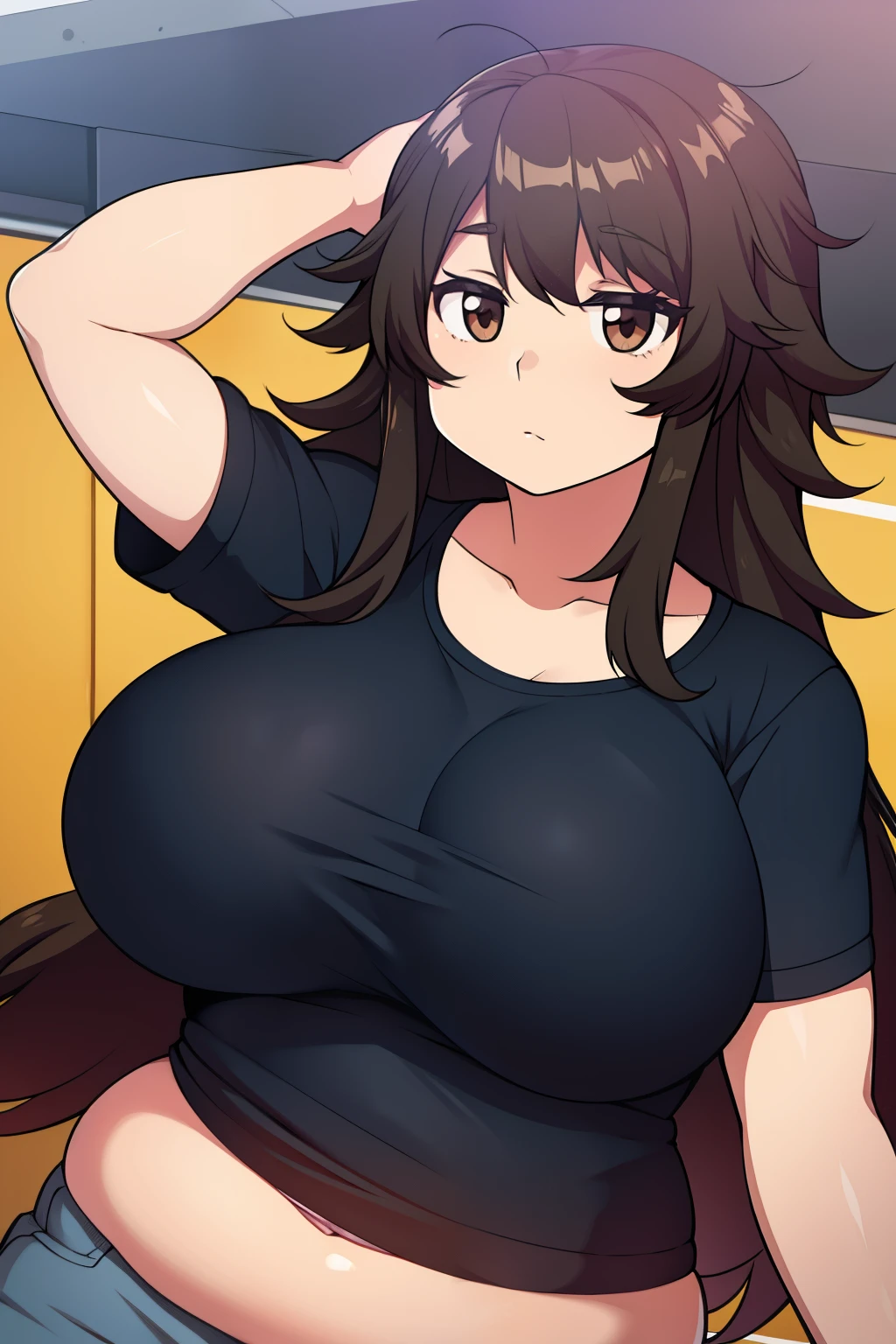 Chubby big breasts black hair brown eyes long messy hair derdere 