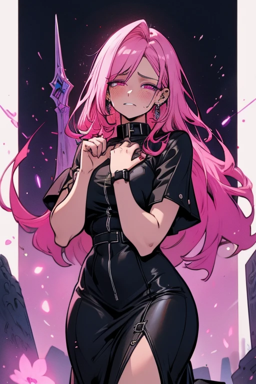 Perfect face. Perfect hands. A pink haired woman with violet eyes and an hourglass figures in a leather skirt and tank top is writing in a gothic living room with a big smile
