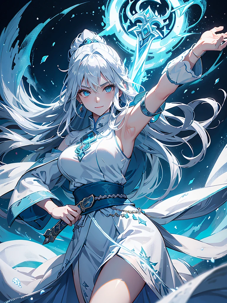 A female archer wielding a large ice bow, she is the god of ice and stillness, everything around her is ice, she has white ice looking clothes, white hair, she is emotionless. She is up in the mountains. She is evil, the mood is dark, she is holding a arge bow made of ice, she is alone, everything is still