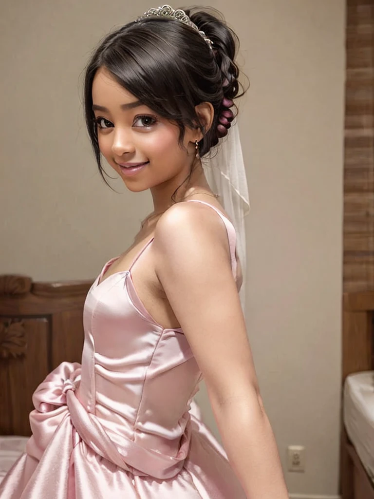 A Indian girl, black ponytail, (black skin:1.4), BREAK, baby face, standing, (satin princess dress, pink wedding dress:1.4), BREAK, (wedd00ing:1.2), (tiny tits, tt_flat), ((shooting from side)), armpit, smiling,+ bedroom, 