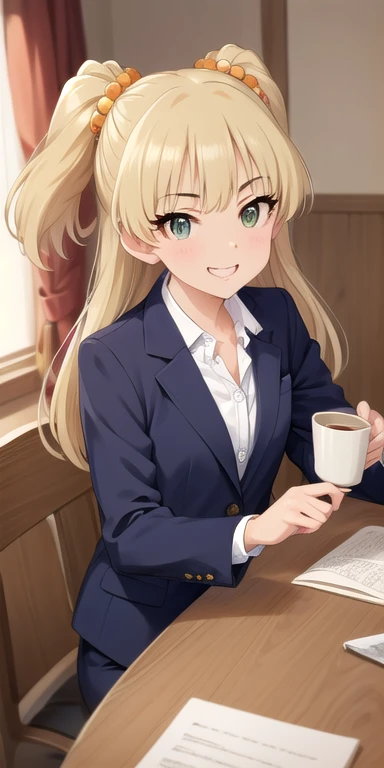 (masterpiece),  best quality , (((Super detailed, 8K quality))),  Expressive eyes ,  perfect face,  Perfect Anatomy,  perfect bodies , scene, Arika, Long Hair,  two side up with tea, Hair Bobble , Small breasts,  my business suit ,  upper body,  WATCH VIEWERS , Sitting, お茶を持つ,  viewers are smirking, indoor,