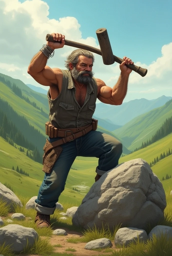 naked man, erect cock, large cock, male nude, very tanned primitive short beard brutish sad Neanderthal Russian young man breaking stone with large hammer in quarry desert moutains Sahara, very hot and dry environment, blond flaxen hair, brutish dumb face scratches blush barefoot wearing only skimpy loincloth barefoot, covered in scratches oil soot rashes, ragged, sweaty and unkempt, fit and sturdy, mesmerizing iconic art