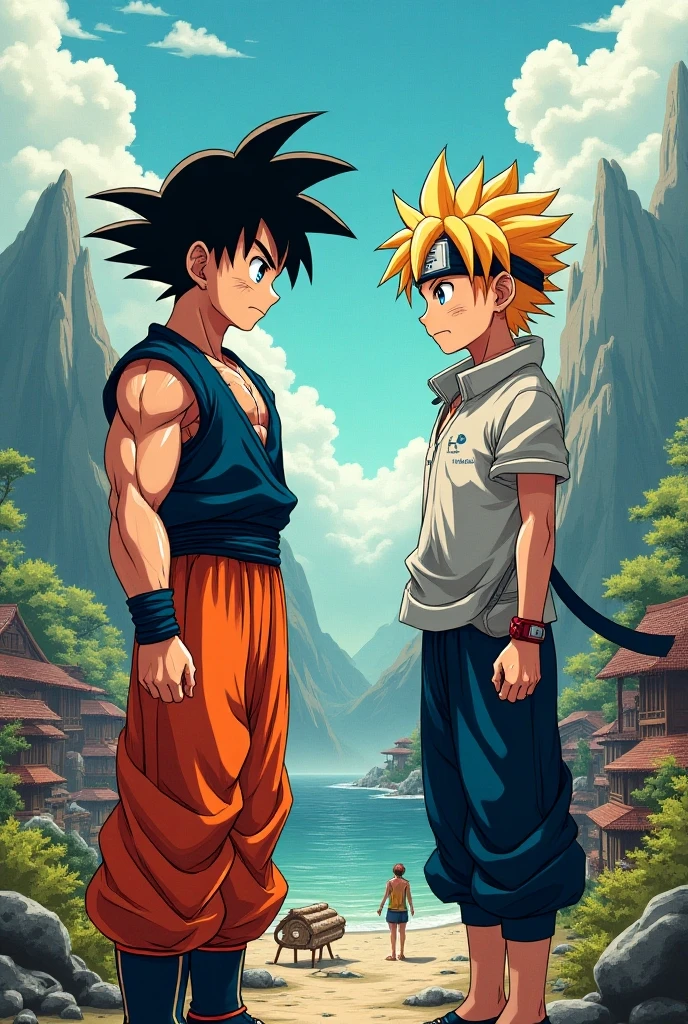 Naruto, muscular goku, sitting