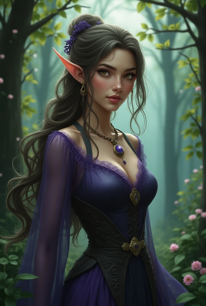 An adult elf, with long hair, black and curly, her eyes are brown and her body is slender, with a big pair of breasts. She is wearing a long sleeved lilac dress with a V-neckline.. It has European dragons embroidered in silver color, around the elf's neck she wears a silver necklace with a dragon pendant, On her left arm she wears a silver wing-shaped bracelet.