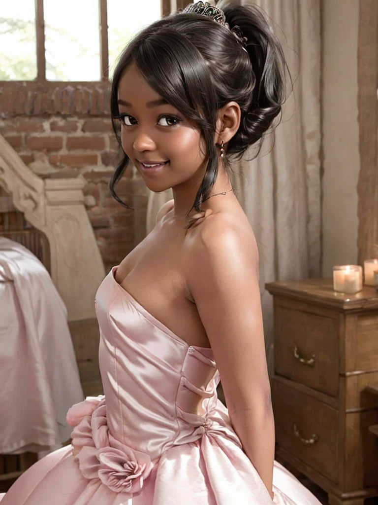 A Indian girl, black ponytail, (black skin:1.4), BREAK, baby face, standing, (satin princess dress, pink wedding dress:1.4), BREAK, (wedd00ing:1.2), (tiny tits, tt_flat), ((shooting from side)), armpit, smiling,+ bedroom, 