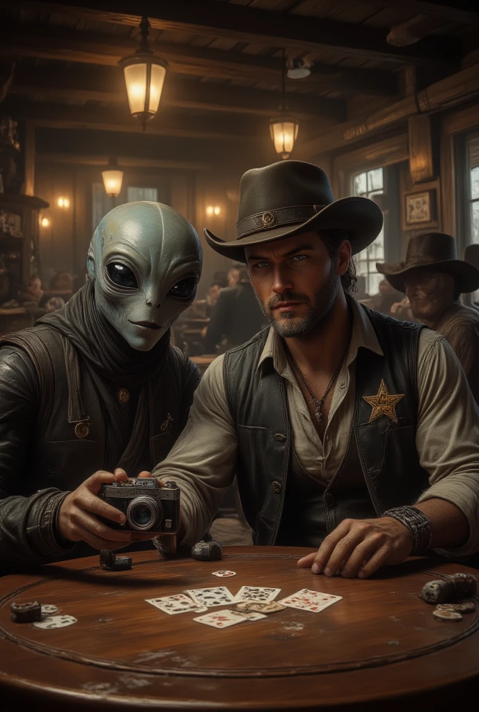 In a dusty Western saloon, a dashing gunslinger with a rugged, sun-kissed complexion and piercing blue eyes leans in close to a gray alien, dressed as the town's sheriff with a badge gleaming on its chest. The alien's large, dark eyes and smooth, pale skin contrast sharply with the gunslinger's weathered, tan face. They are both seated at a worn wooden table, engaged in a poker game, but pause to take a selfie with a vintage camera, grinning mischievously. The saloon is dimly lit, with warm, amber light from oil lamps casting long shadows and highlighting the worn wood and leather. The scene is framed with a soft, nostalgic film grain, giving it a timeless, cinematic quality reminiscent of Quentin Tarantino's style.