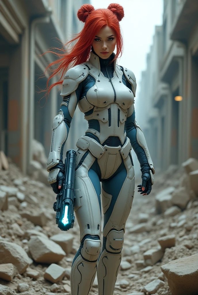 Female robot,full body,perfect Female face,fair_skin,blue eyes,pink hair,Realistic photo,looking at viewer,mechanical arms,mechanical leg,Standing,wavy hair,curvy,chest blue energy core,
the ruins of war,Arm-integrated firearm,Raise the gun to aim,Energy gun,muzzle,