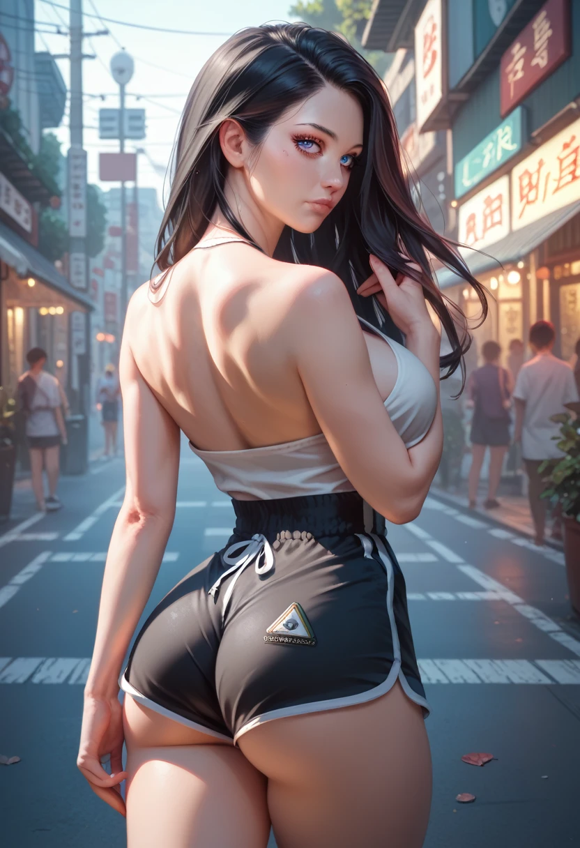  Highly detailed face,  detailed eye, double eyelid, eyelash, sorri e ri, Lip Details, long black hair,  BIG BREASTS, (top white + black dolphin shorts )), cowboy shot,  In Tokyo Street , soft light,  (( Japanese)), (((thin, thin waist, thick thighs, thin arms))), ((( Back view, Realistic buttocks, little ass, retrospective diagram)))