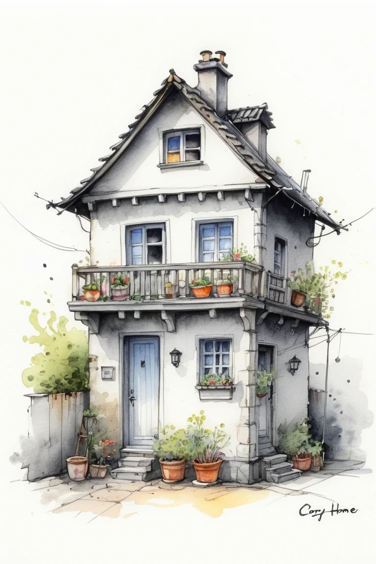 Cute cozzy sweet home quick drawing, ink and wash, fluid lines, light watercolors, (Best quality, perfect masterpiece, Representative work, official art, professional, High detail, Very complex detailed:1.3)