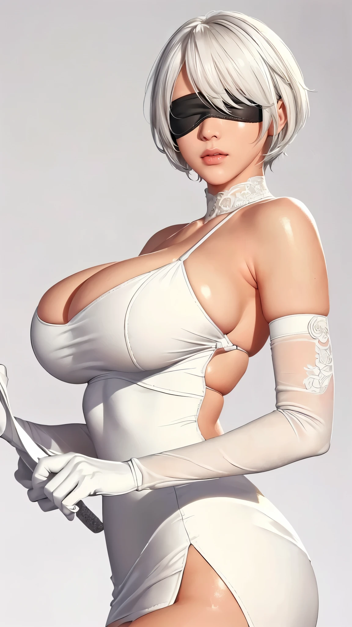 (（（figure，御姐figure,White and tender skin,（（（ white dress：1.6））），(（（n_2b,Blindfold, black eye mask, with short white hair，Wears a black eye patch，））),((masterpiece)),highres,((Best quality at best)),masterpiece,quality,Best quality,(（（  exquisite facial features , for the audience ,））），Huge breasts，White high heels）））