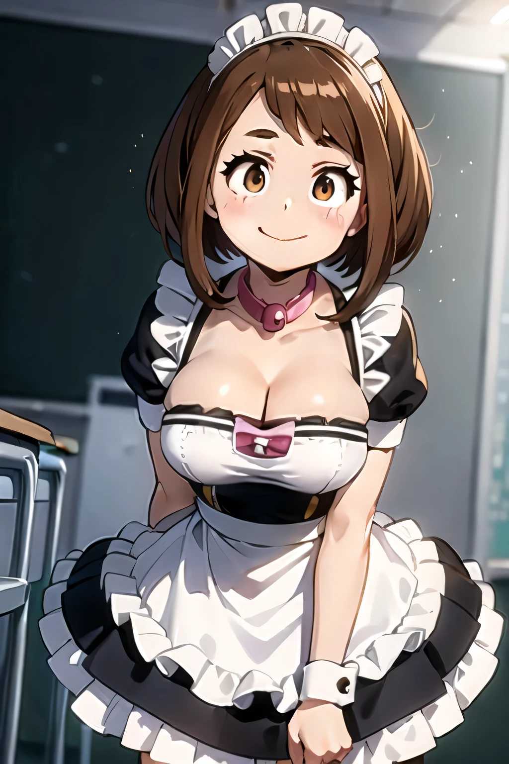 Ochaco Uraraka, big breasts, ((maid dress)), (((cleavage))), leaning forward, suggestive smile, ((close up)), classroom, brown hair
