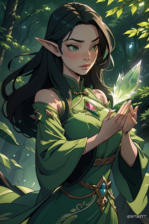 "A mysterious and potent witch with black hair and green eyes, clad in a flowing white dress, is seen levitating above an enchanted forest surrounded by magical energy. (witch:1.5), (black hair:1.1), (green eyes:1.1), (white dress:1.1), (floating:1.2), (enchanted forest:1.3), (magical power:1.2)"