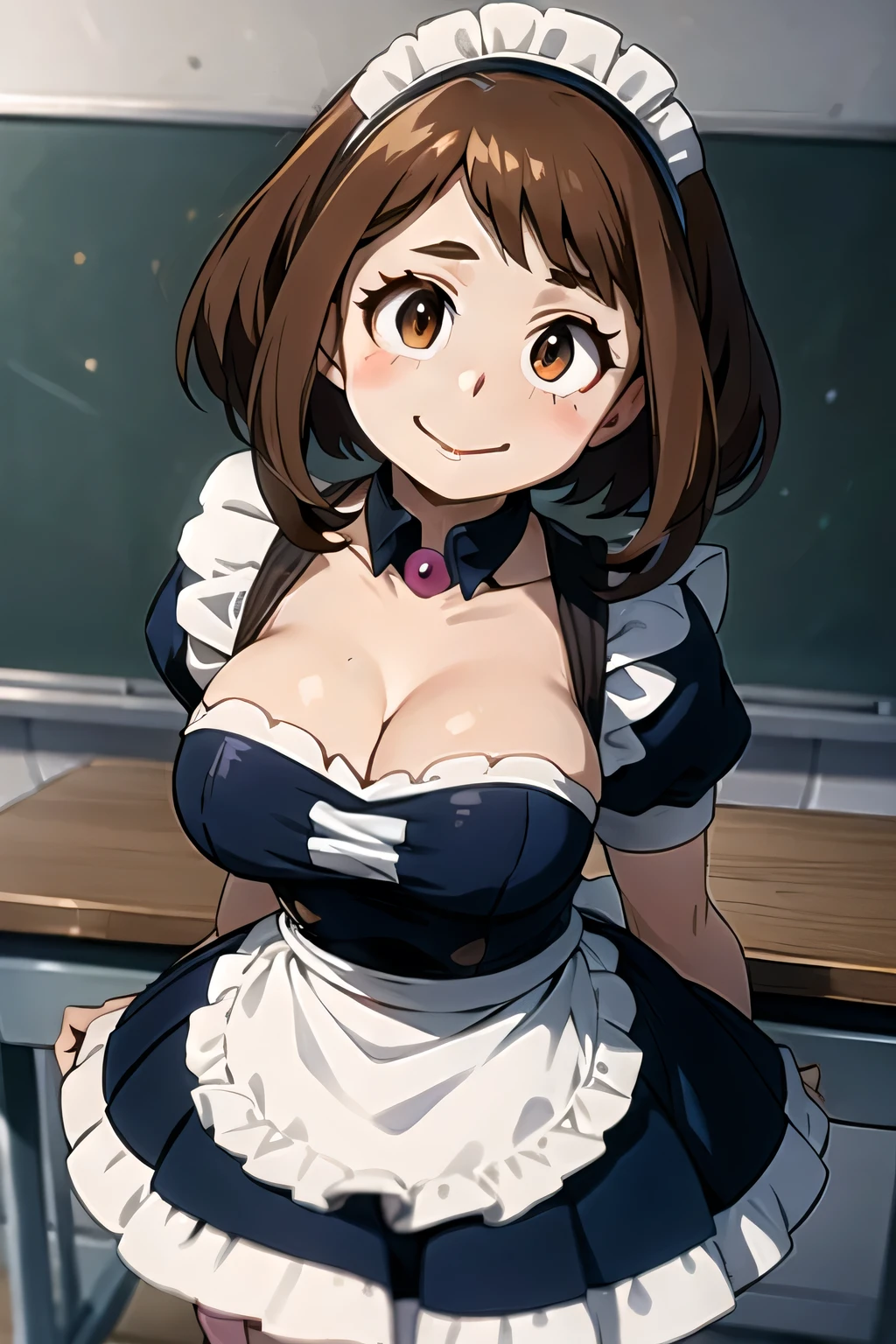 Ochaco Uraraka, big breasts, ((maid dress)), (((cleavage))), leaning forward, suggestive smile, ((close up)), classroom, brown hair
