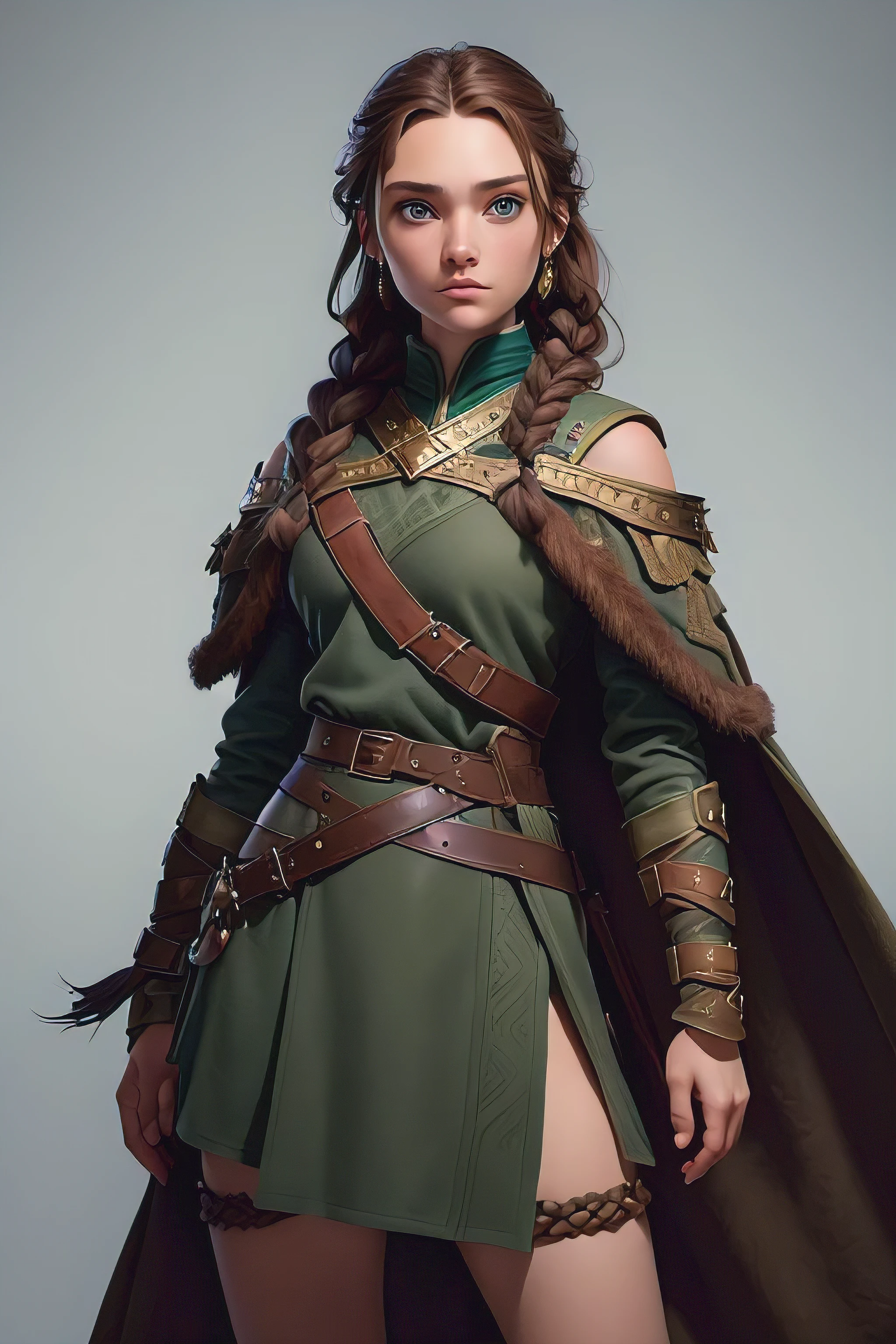 ( masterpiece , The best quality ) (young warrior woman of nordic descent), (green eyes), (fur skirt), (Brown hair color),(loose hair with small braids on the scalp), (leather strap top) feathers, cape over the shoulder, bufas, (blue, gray and brown suit).