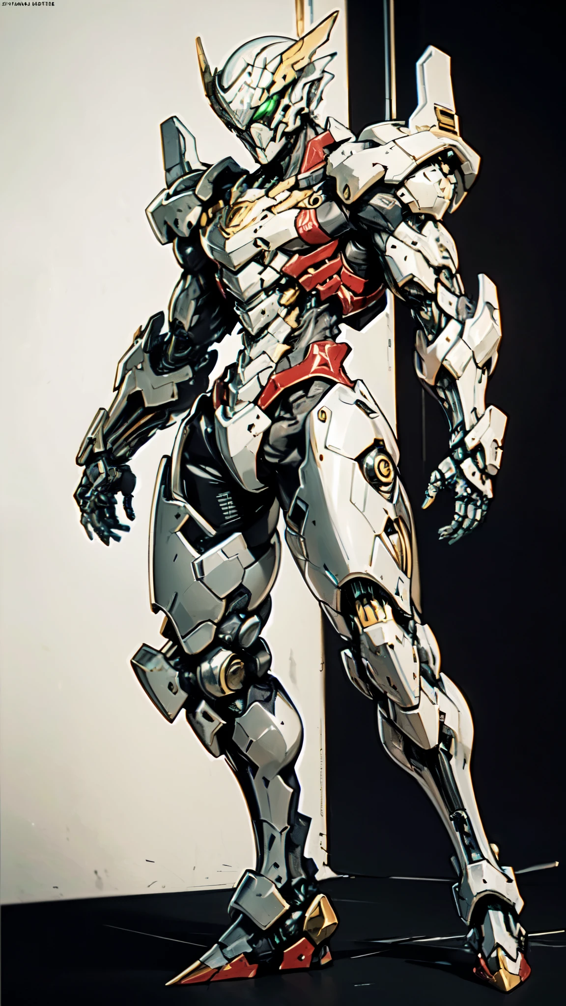 (masterpiece:1.5, best quality:1.5, extremely delicate:1.5, dynamic angle:1.5), ((male:1.5)), Biomimetic humanoid Mecha, green eyes, fully enclosed shoulder guards, matching arm and leg guards, gemstone, full body, full armor, the design balances heavy with agility, organic biotech armor, (the color scheme is primarily Golden and Red with Black and White accents, concept Inspired by Vampire, glowing eyes, the armor glows), standing, floating high above the futuristic sci-fi city, a finely crafted Super robot in anime style, exquisite and mature art style, metallic, dramatic, high definition, highres, ultra-detailed, ultra-fine painting, professional, anatomically correct, symmetrical face, extremely detailed eyes and face, high quality eyes, creativity, RAW photo, UHD, 32k, Natural light, cinematic lighting, (masterpiece-anatomy-perfect:1.2)