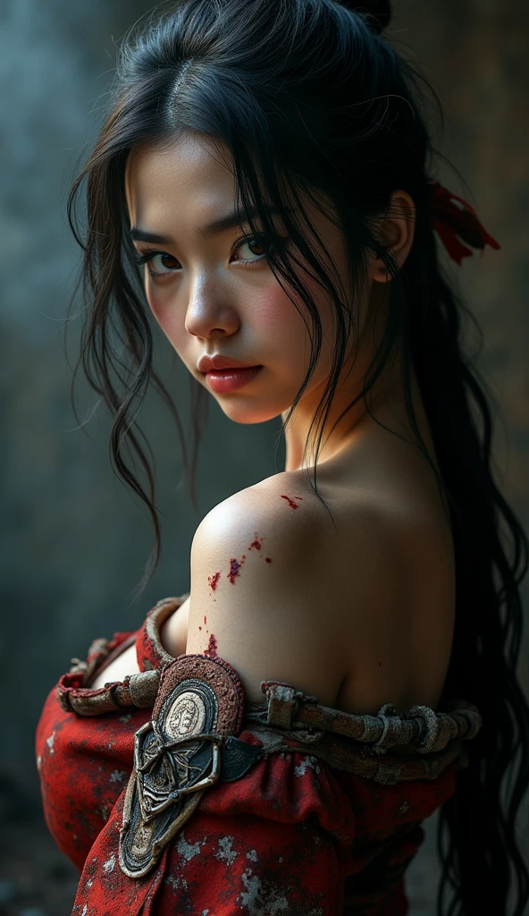 Ultra-high resolution,(((masterpiece))),(((Best quality))),(((Super Detail)),((Extremely delicate and beautiful)),Light,Detail environment,(reality),(1 child,solo,Male focus:1.3),(clutching a sword:1.2),(Dark red and light gold:1.3),(hair pulled back,Flowing hair:1.1),Designed by Greg Manchess,smoke,Model woman,Bright Eyes,有Light泽的嘴唇,Futuristic bloody face war paint,Art Station Trends,Photoreal,8 K,Octane rendering by Greg Rutkowski,Artwork by Carne Griffiths and Wadim Kashin,Using Dau-al-Set、Pollock's style,Inspired by MAPPA and Zdzislaw Beksinski,Hanfu,