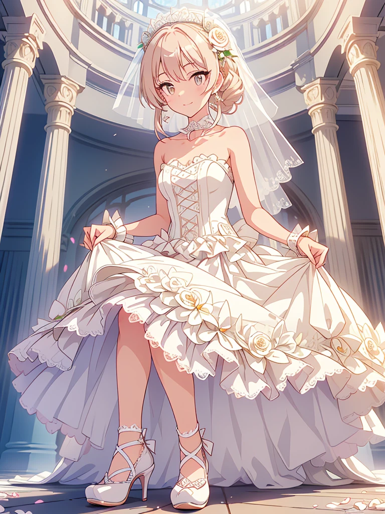 A girl, Wearing a wedding dress, White Wedding Dress, whole body, Slim, Long legs