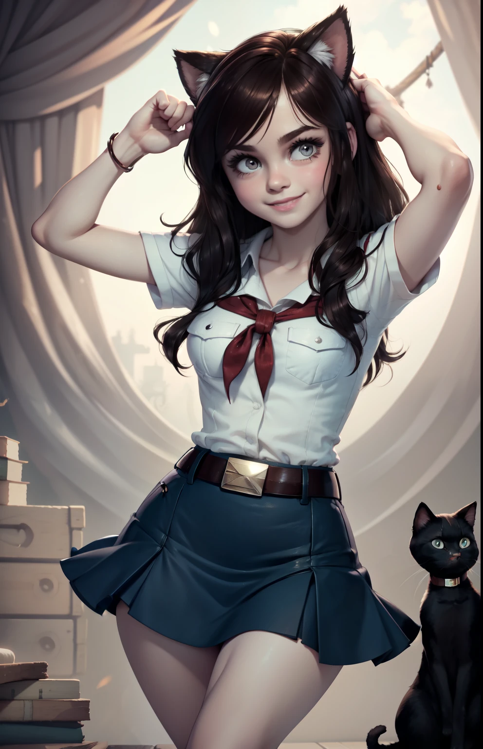 very young slim fit girl, at full height, rounded face, very long disheveled dark brown hair, big brown eyes, shy smile, perfect flat breast, band on head with fake cat ears, parororo, pioneer neckerchief, blue thight microskirt, bangs, shirt, collarbone, white shirt, short sleeves, collared shirt, belt, neckerchief, eyelashes, red neckerchief, breast pocket, hold hands over head, ariawm