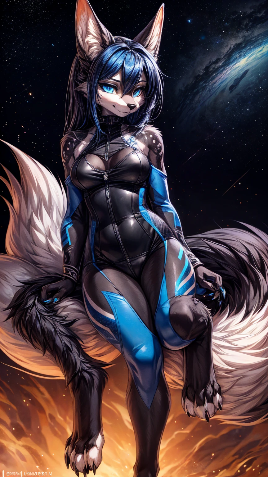 Female, anthro wolf, full breast, standing, vagina, NSFW, perfect, realistic looking, fur body, fur all over, bioluminescent markings, very long hair,