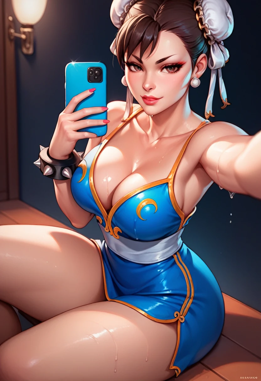 Chun-Li, Wear short blue party dress,thick thighs,big chest, High resolution , cartoon style , vibrant colors,brilliance,perfect anatomy,Selfie, posing sitting,  half-closed eyes , Bottom:bedroom. sensuality, provocative,wet.