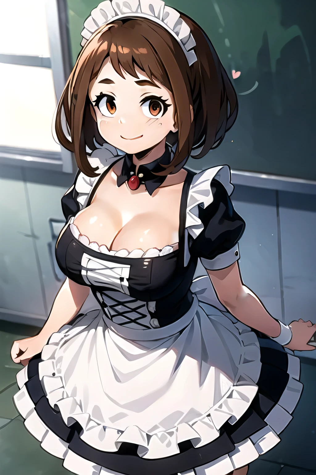 Ochaco Uraraka, huge breasts, ((maid dress)), (((cleavage))), leaning forward, suggestive smile, classroom, brown hair, upper body.