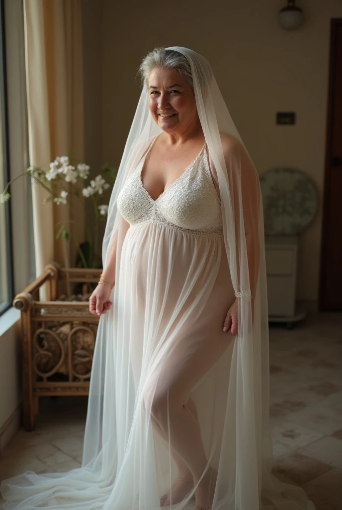 Chubby thic mature wife, brown short hair, Brown eyes, shaved pussy, naked,wearing wedding veil, in the hotel room with tall horny husband, xxx,thic white semen on her body, 1 tall horny men with Big hard penis watching, 