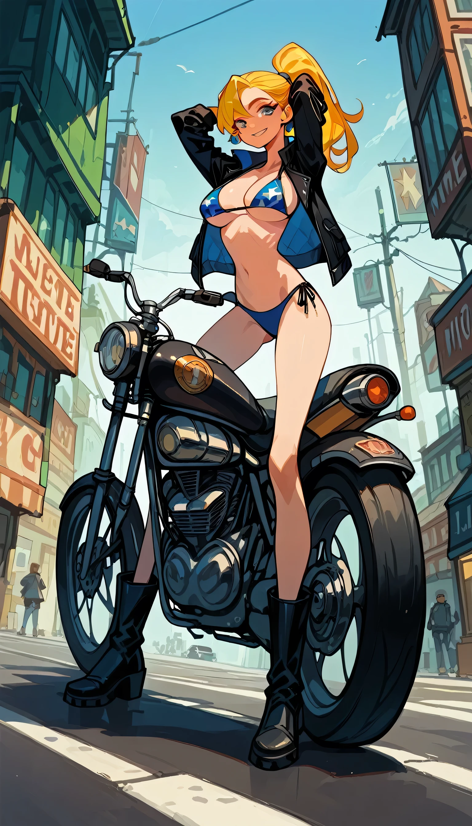 Masterpiece, best quality, Masterpiece, best quality, 1 woman , blue eyes , yellow ponytail , black leather jacket , sly face , smile , bikini , abdomen, big breasts , Long legs , boots , hands behind head , motorcycle , 