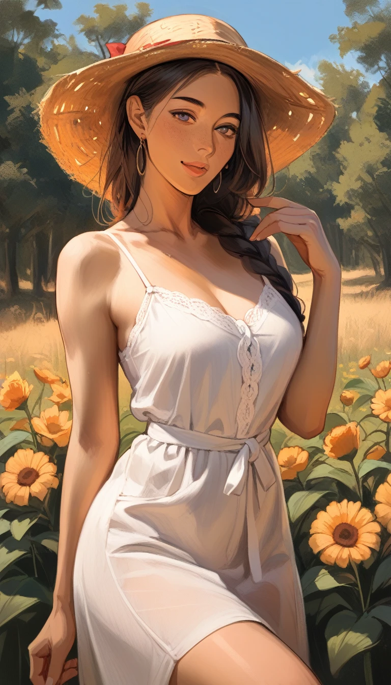 a sexy girl in the middle of a wheat field, very long hair, cowboy hat, unbuttoned white shirt,grabs her breasts, shows her breasts, sitting on a rock, legs spread, shows her pussy, caresses her pussy, fingers in pussy, fluids,, emotional impact, Art inspired by Bill Sienkiewicz
