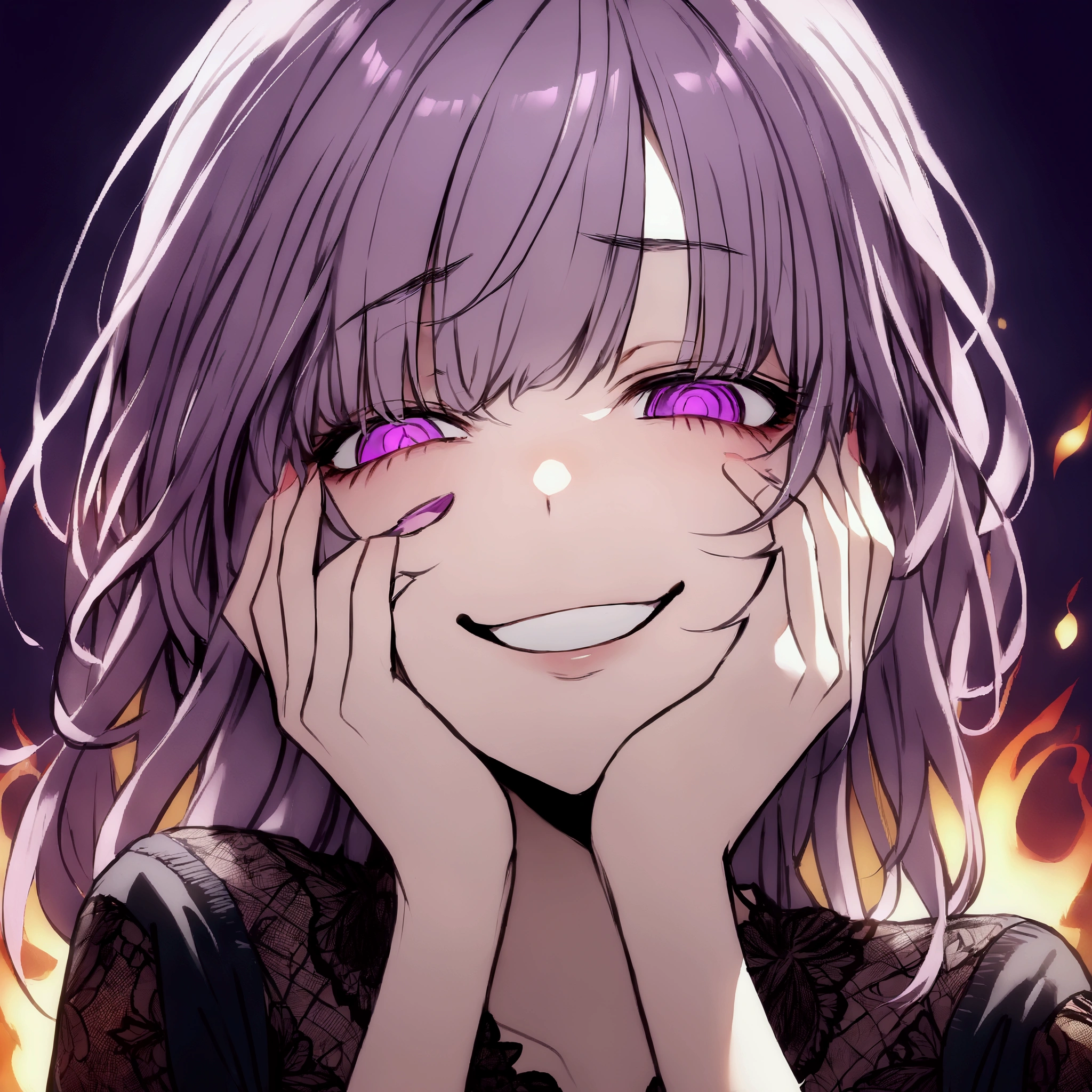 girl,solo,half body,flaming purple eyes,mocking expression,grin,yandere