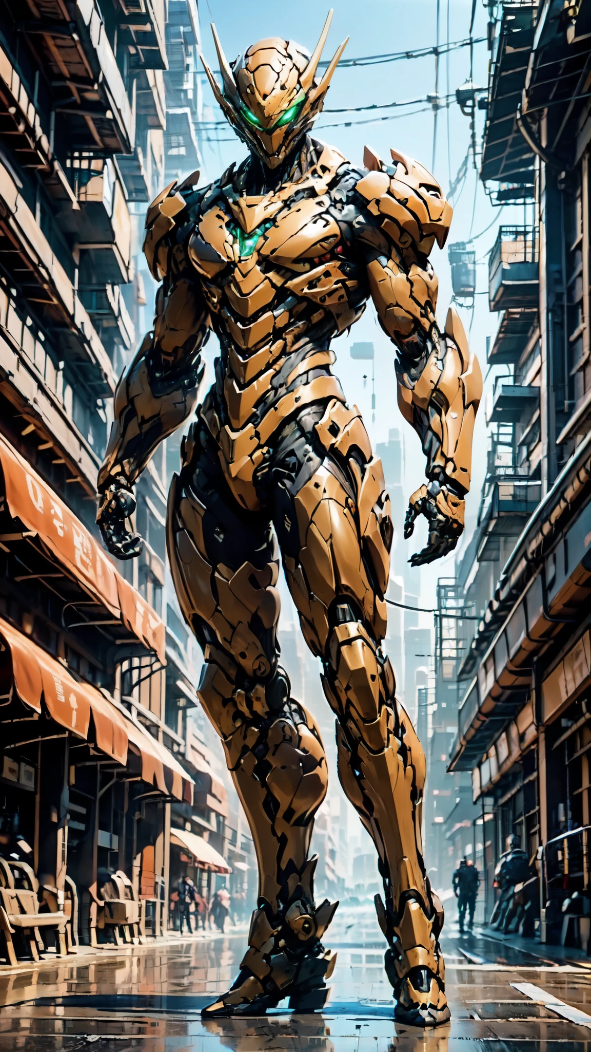 (masterpiece:1.5, best quality:1.5, extremely delicate:1.5, dynamic angle:1.5), ((male:1.5)), Biomimetic humanoid Mecha, green eyes, fully enclosed shoulder guards, matching arm and leg guards, gemstone, full body, full armor, the design balances heavy with agility, organic biotech armor, (the color scheme is primarily Golden and Red with Black and White accents, concept Inspired by Vampire, glowing eyes, the armor glows), standing, floating high above the futuristic sci-fi city, a finely crafted Super robot in anime style, exquisite and mature art style, metallic, dramatic, high definition, highres, ultra-detailed, ultra-fine painting, professional, anatomically correct, symmetrical face, extremely detailed eyes and face, high quality eyes, creativity, RAW photo, UHD, 32k, Natural light, cinematic lighting, (masterpiece-anatomy-perfect:1.2)